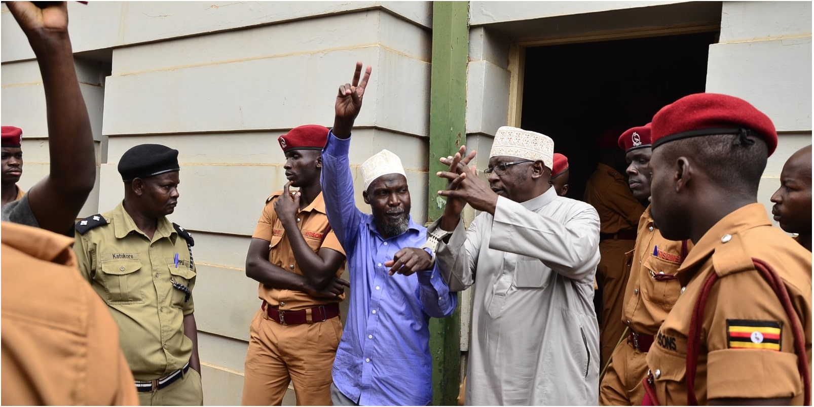 The leader of the Tabliq sect, Sheikh Yunus Kamoga (right), and another suspect at High Court in Kampala in 2016.